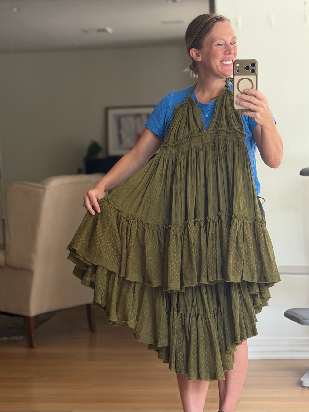 Free People Size Large Olive Green Halter Mini Dress Boho Hippie Cotton V Neck - Picture 16 of 16